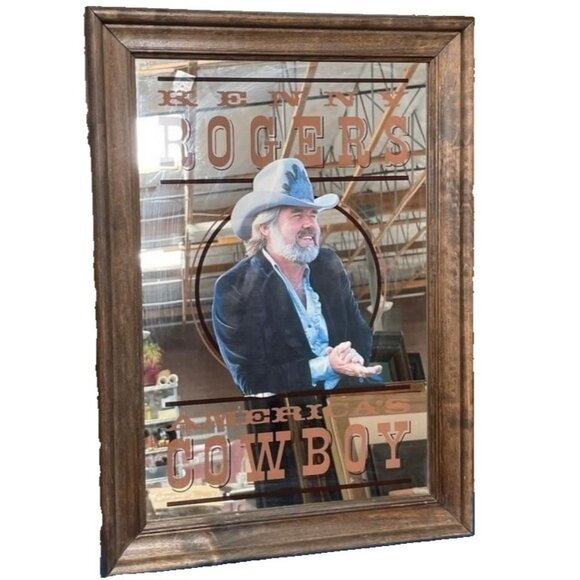Vintage 1980s Kenny Rogers Americas Cowboy Framed Wall Mirror Sign Bar Mancave - Picture 1 of 8